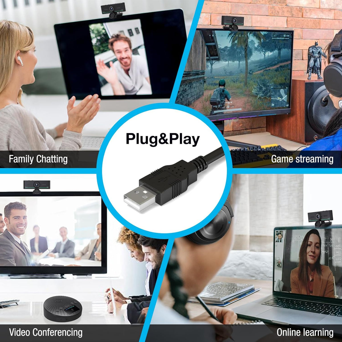 1080P Webcam with Microphone for Desktop, Computer Webcam Connect Bluetooth Headset/Earphone/Speaker, Streaming Webcams for Live Skype Teams, PC Web Camera for Streaming,Bluetooth only for Audio