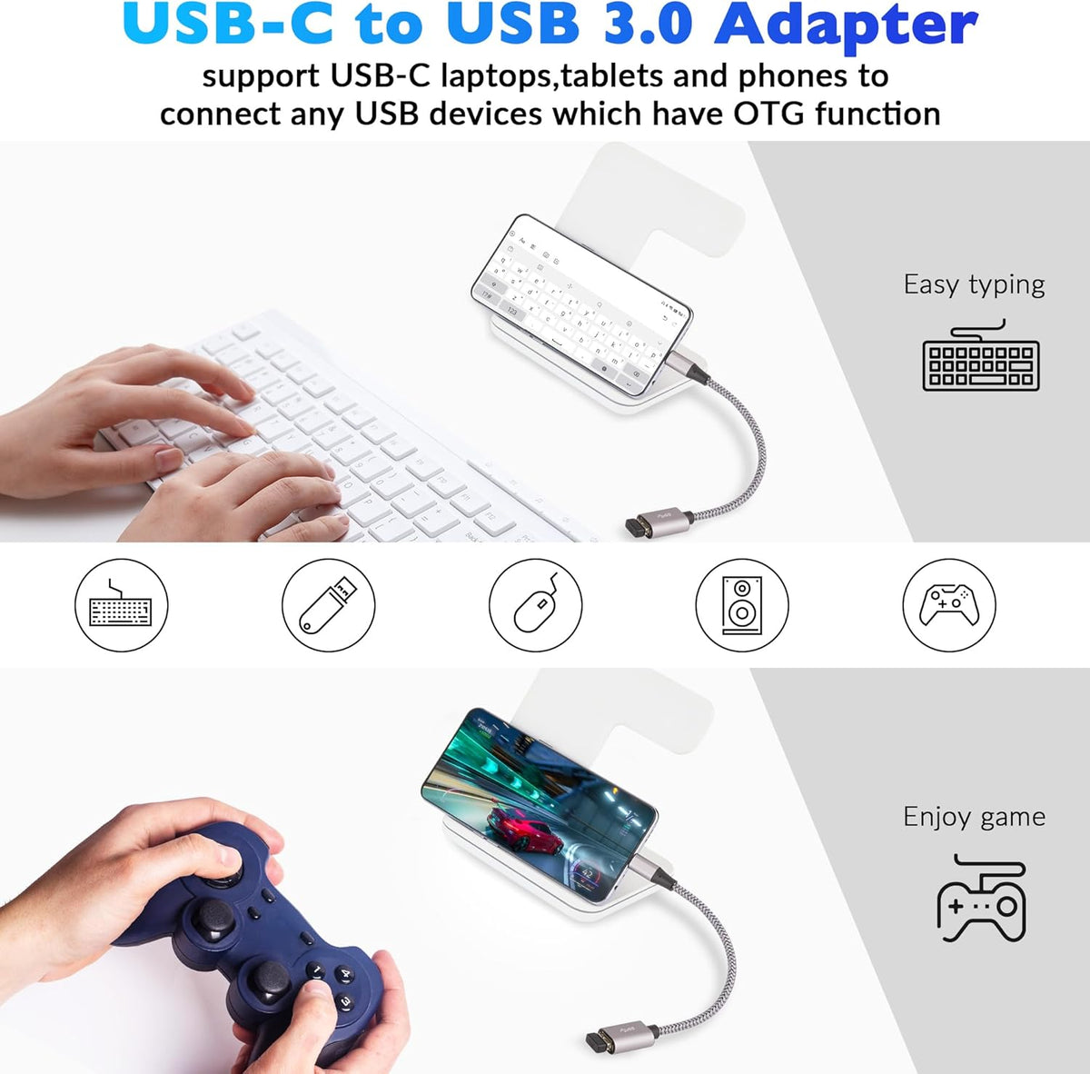 USB to Micro USB Adapter 4 Pack, Unidirectional Micro USB Male to USB Female 2.0 OTG On-The-Go Cable Converter, Nylon Braided, Aluminum Shells for S7 LG, Flash Drive, Mouse, Keyboard, Game Controller