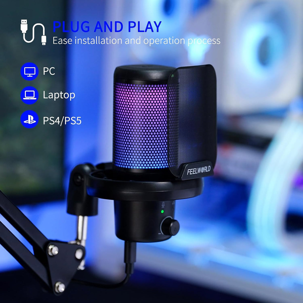 FEELWORLD VM1 Gaming PC USB Microphone Condenser Mic with Noise Cancellation Mute RGB Light, Computer Accessories Gifts for Gamer YouTube Twitch Podcast Streaming Recording Online Chat PS4 PS5