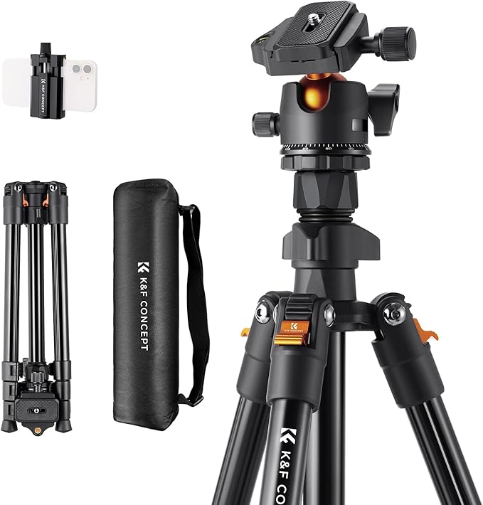 K&F CONCEPT 64 inch/163 cm Camera Tripod,Lightweight Travel Outdoor DSLR Tripods with 360 Degree Ball Head Load Capacity 17.6 lbs/8 kg,Cellphone Clip for Smartphone Live Streaming Vlog O234A1+BH-36