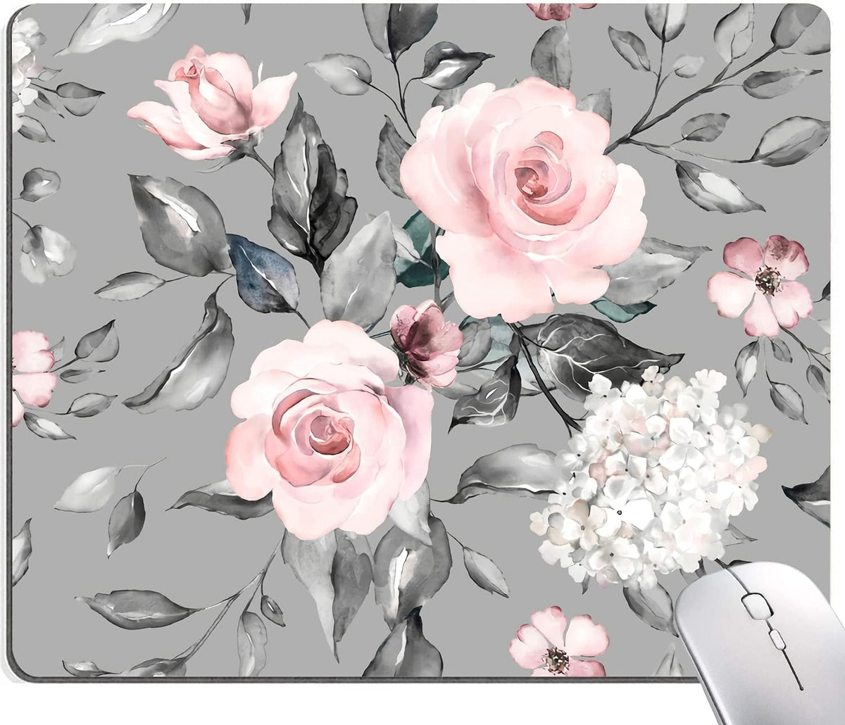 Mouse Pad, Gray Pink Roses Floral Flower Leaves Mouse Pad Rectangle Custom Designs, Waterproof Anti-Slip Rubber Mousepad Office Accessories Desk Decor Wireless Mouse Pads for Computers Laptop