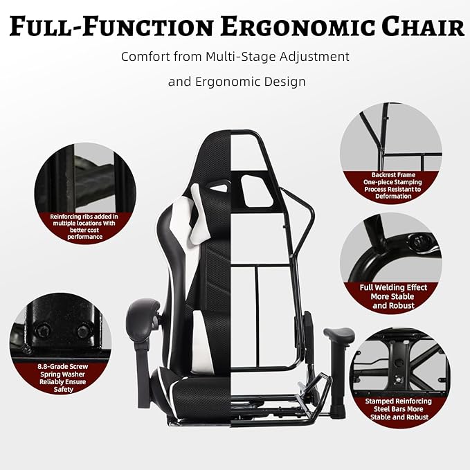 Modern High Back Gaming Chair PU Leather Computer Chair with Wheels Footrest Massage Lumbar Support Height Adjustable Swivel Game Chairs for Work or Home Office (Black White)