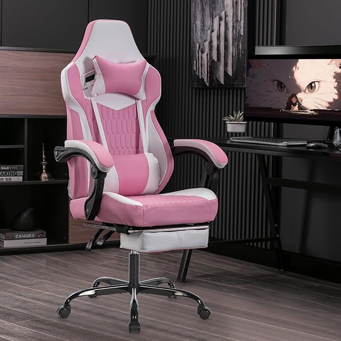 High-Back Gaming Chair with Footrest – PVC Leather Ergonomic Office &amp Racing Style Video Gaming Chair (Pink)