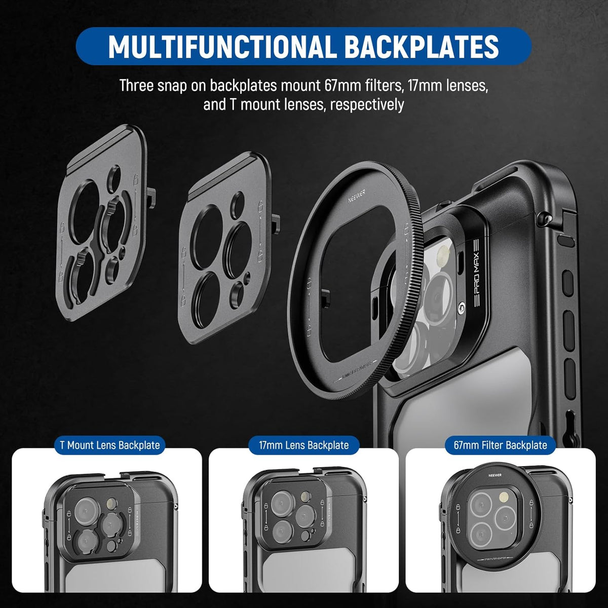 NEEWER 16 Pro Max Cage with Two Quick Release Side Handles, Phone Video Rig Kit with 67mm Filter Adapter, 17mm Lens Mount, T Mount Lens Adapter Compatible with iPhone 16 Pro Max (PA074+PA045E+PA045B)