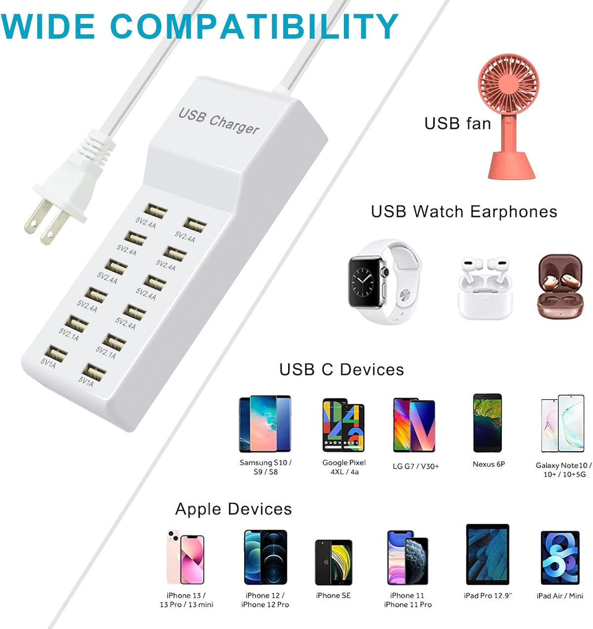 USB Charging Station with 12 Port Power Strip Fast Charging hub for Multiple Devices Compatible with Cell Phones Tablets Laptops (12 USB Ports)