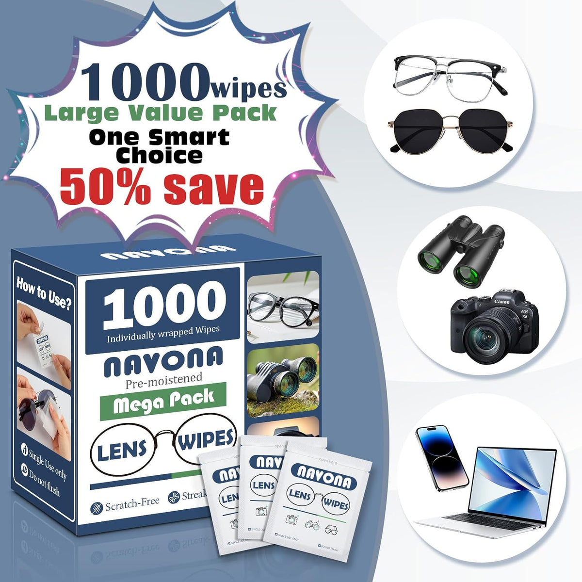 1000 Count Lens Wipes for Eyeglasses – Pre-Moistened, Individually Wrapped Eyeglass Cleaning Wipes – Scratch-Free, Streak-Free Glasses Cleaner Wipes for Sunglasses & Camera Lens – Bulk Pack