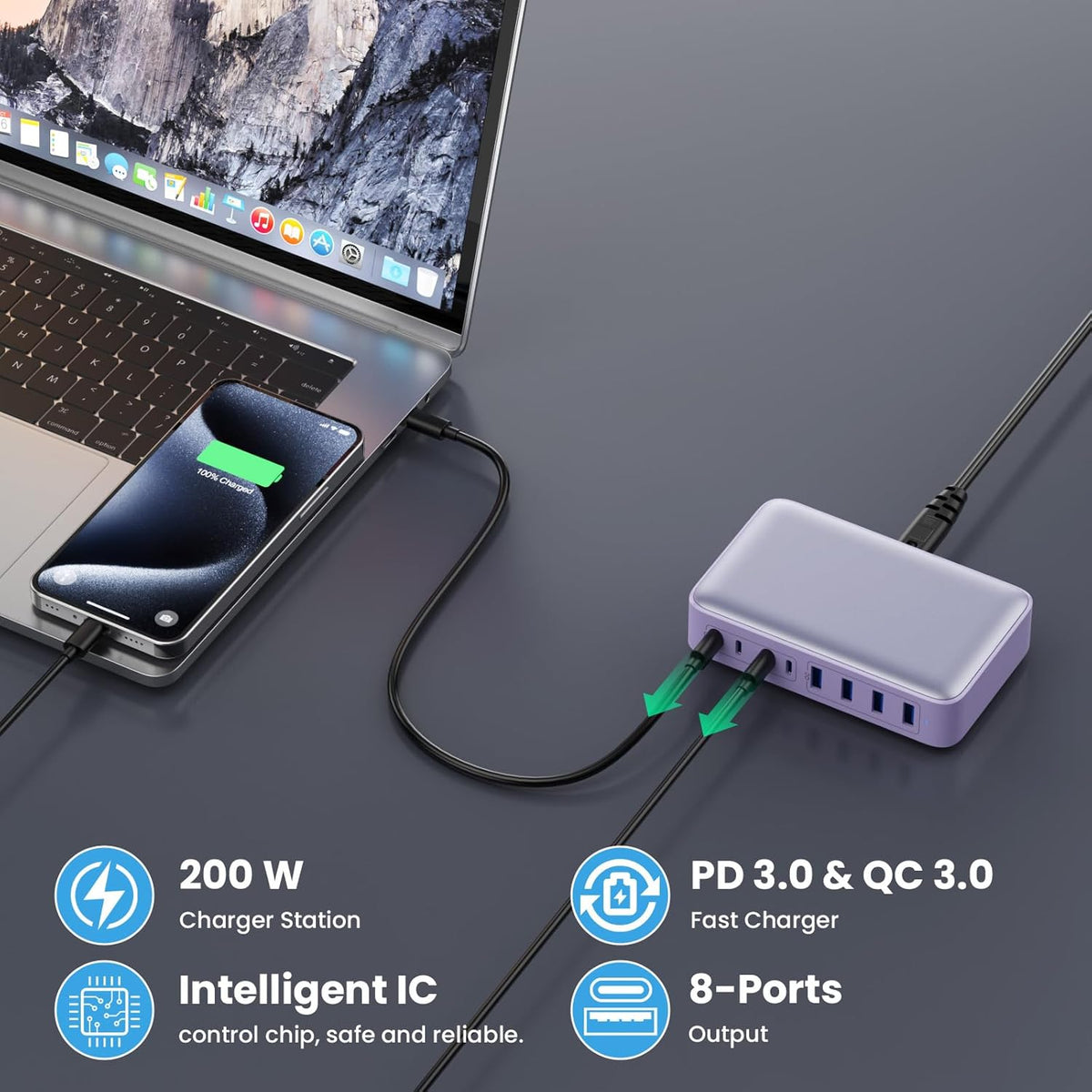 USB C Charger 200W USB C Charger Block,Upgraded GaN III 8-Port Fast Charging Station Hub,PD 65W Laptop Charging Adapter Compatible with MacBook Pro/Air,DELL,Steam Deck,iPhone 16/15/14,Galaxy S23/22