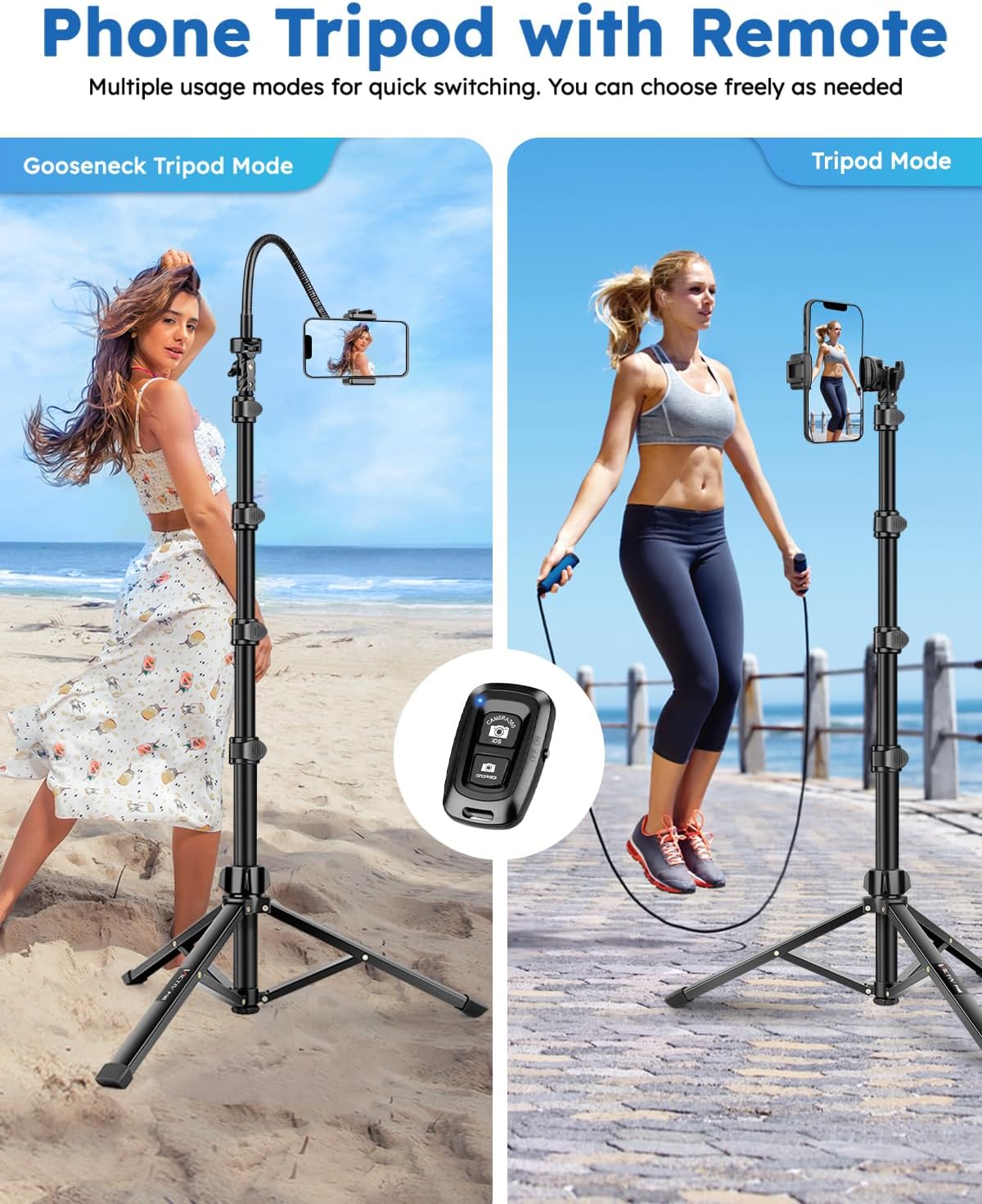 86" Tripod for iPhone, Stable & Tall Phone Tripod with Remote and Flexible Gooseneck for Video Recording/Watching/Cooking/Fitness/Vlogging