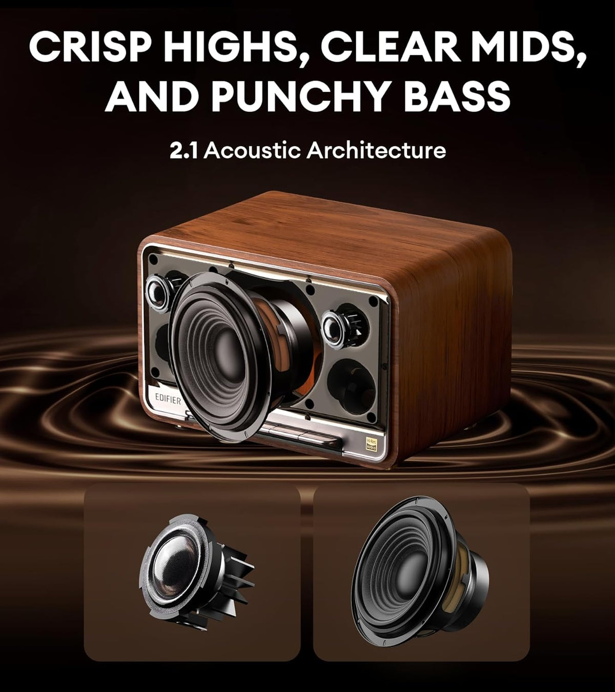 Edifier D32 Tabletop Wireless Speaker, Hi-Res Audio, LDAC, ALAC, 60W (RMS), 2.1 Acoustic Architecture, 11h Playtime, APP Control, Bluetooth 5.3, AirPlay2, USB-C and AUX Inputs, Brown