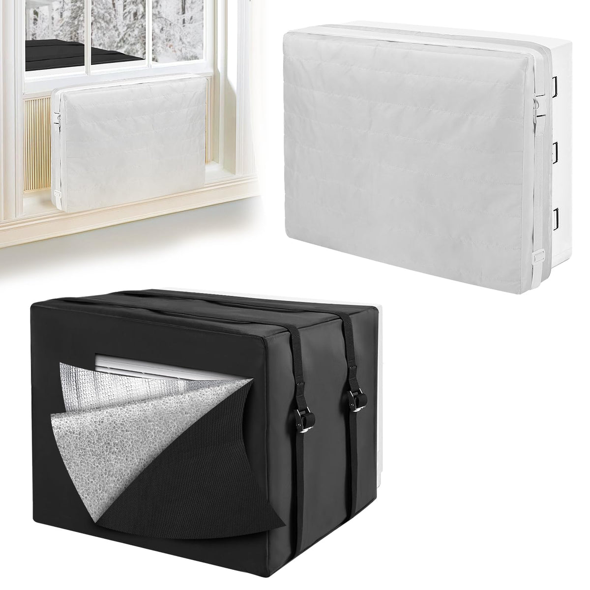 Insulation Window Air Conditioner Covers Set for Outside & Inside - Winter AC Cover with Windproof Straps, Outdoor Unit 25.5W