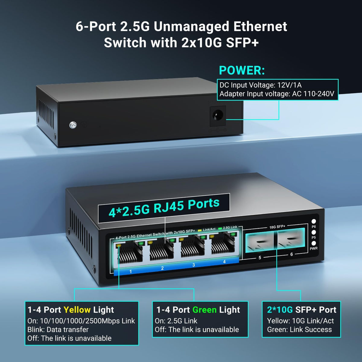6 Ports 2.5Gb Unmanaged Ethernet Switch with 4* 2.5G Base-T Ports, 2* 10G SFP+ Ports. 2.5Gbps Network Switch for 2.5Gbps NAS/PC, WiFi6 Router, Wireless AP. Fanless Design, Plug and Play