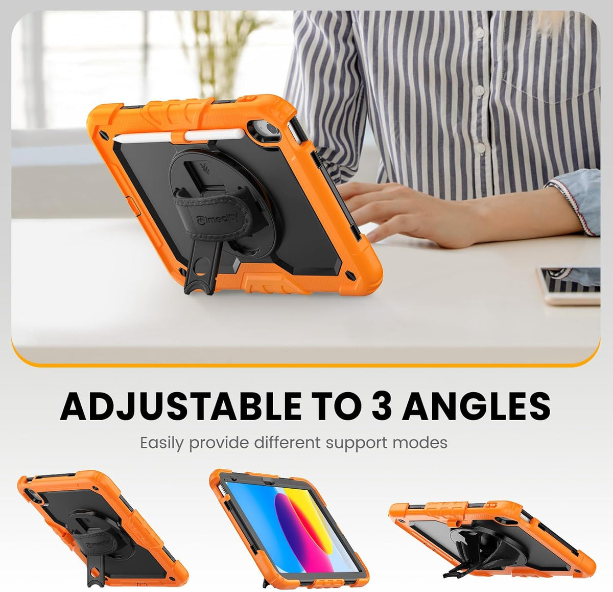 timecity for iPad (A16) 11th/ 10th Generation Case 11''/ 10.9 Inch (2025/2022) - Heavy Duty Protective Cover with Screen Protector, Stand, Shoulder Strap & Pencil Holder | Kids-Friendly - Orange