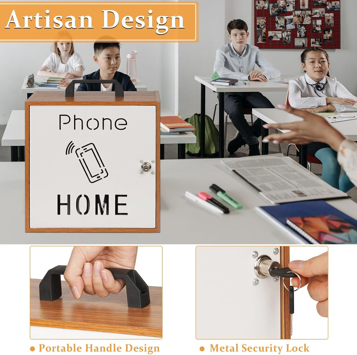 Cell Phone Holder Classroom 33 Slots Wooden Cell Phone Storage Cabinet Pocket Chart with Handle and Security Lock for Classroom Office (33 Grid Cabinet Cherry)