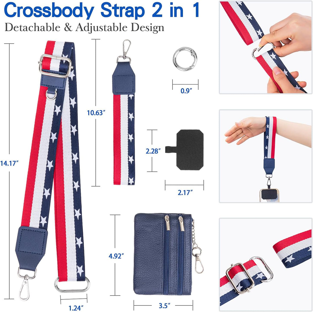 Clip and Go Phone Crossbody Strap with Wallet, 2 Pcs-Crossbody Lanyard & Wrist Holder for Cell Phones-2 Pads, Save Girls Phone Strap with Zipper Bag, Adjustable Neck Lanyard for Women (Flag Color)