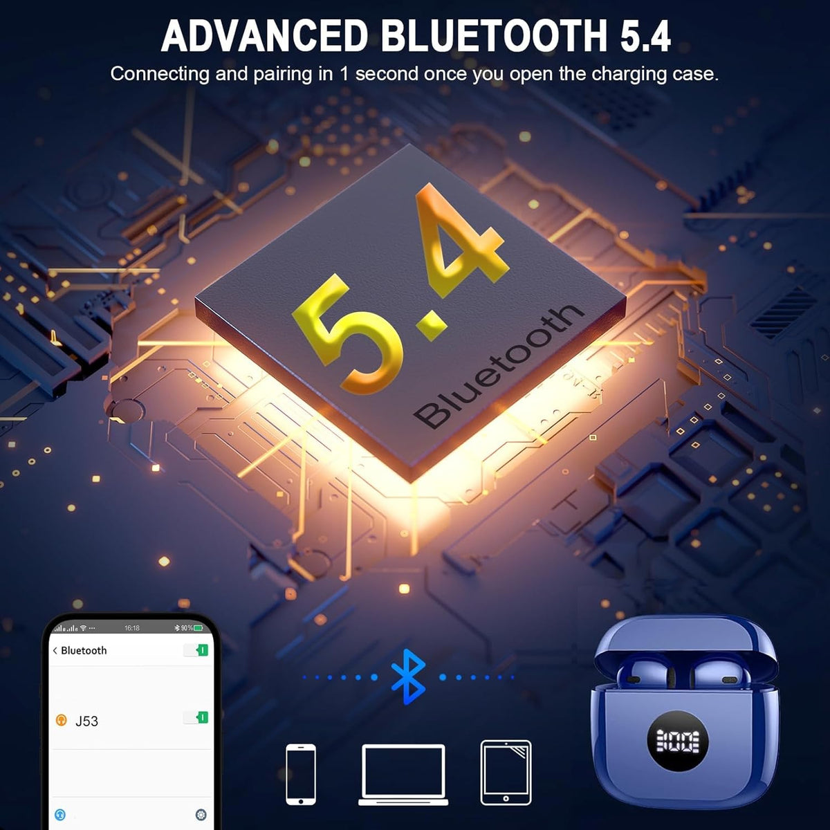 Wireless Earbuds, Bluetooth 5.4 Headphones LED Power Display Ear Buds Bass Stereo, Bluetooth Earbuds in-Ear Noise Cancelling Mic, 40H Playback Mini Case IP7 Waterproof Sports Earphones for Android iOS