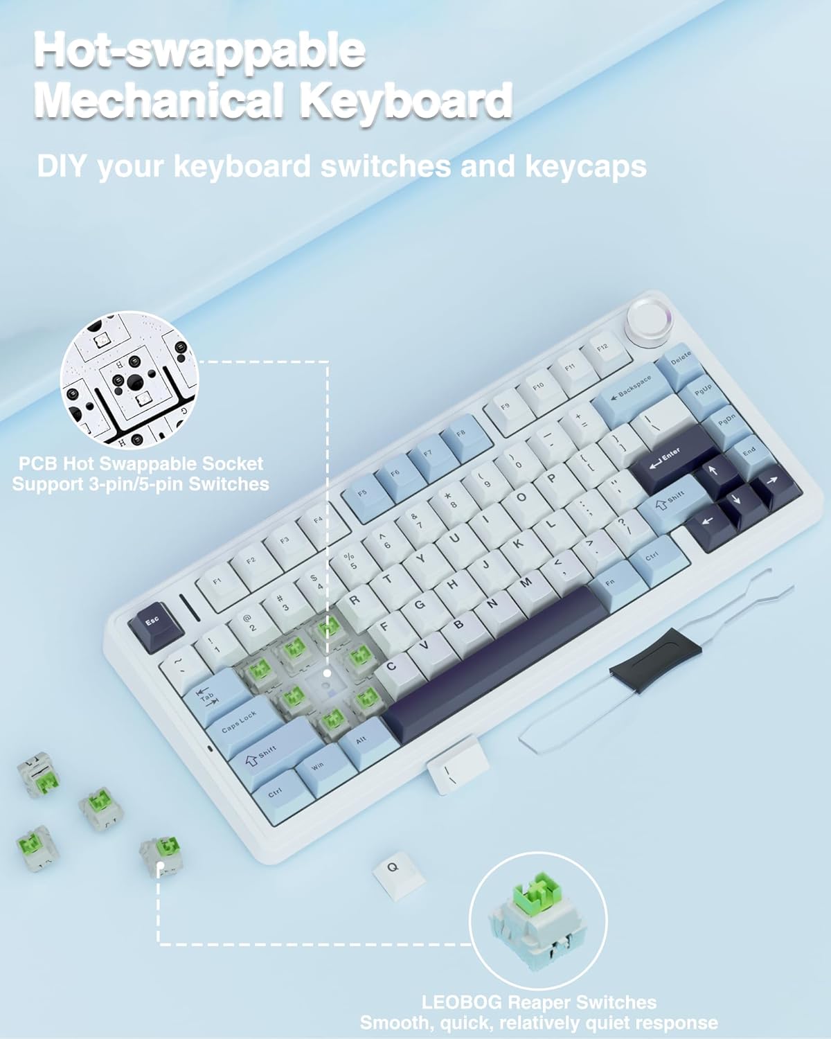 AULA F75 75% Wireless Mechanical Keyboard, Hot Swappable Creamy Keyboard, Pre-lubed Reaper Switches, 2.4GHz/Type-C/BT5.0, RGB Backlit Gaming Keyboards(White & Blue)