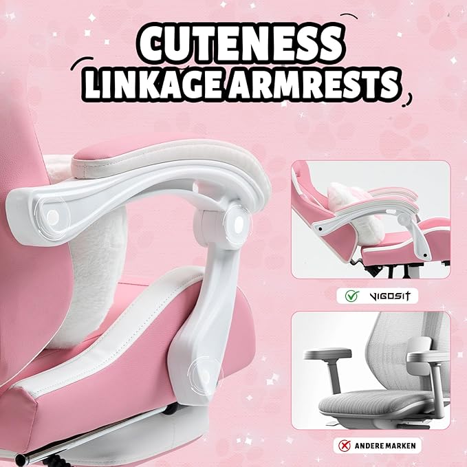 Pink Cat Gaming Chair with Footrest Ergonomic Cute Gamer Chair with Cat Ears Comfortable Desk Computer Chair for Girls Adults