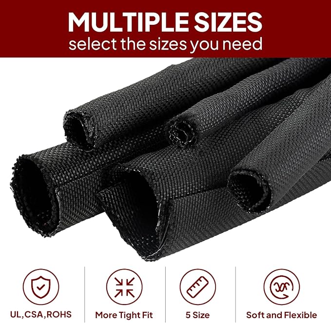 Black Braided Cable Management Sleeves 1/2"-12Ft Self-Wrapping Wire Loom