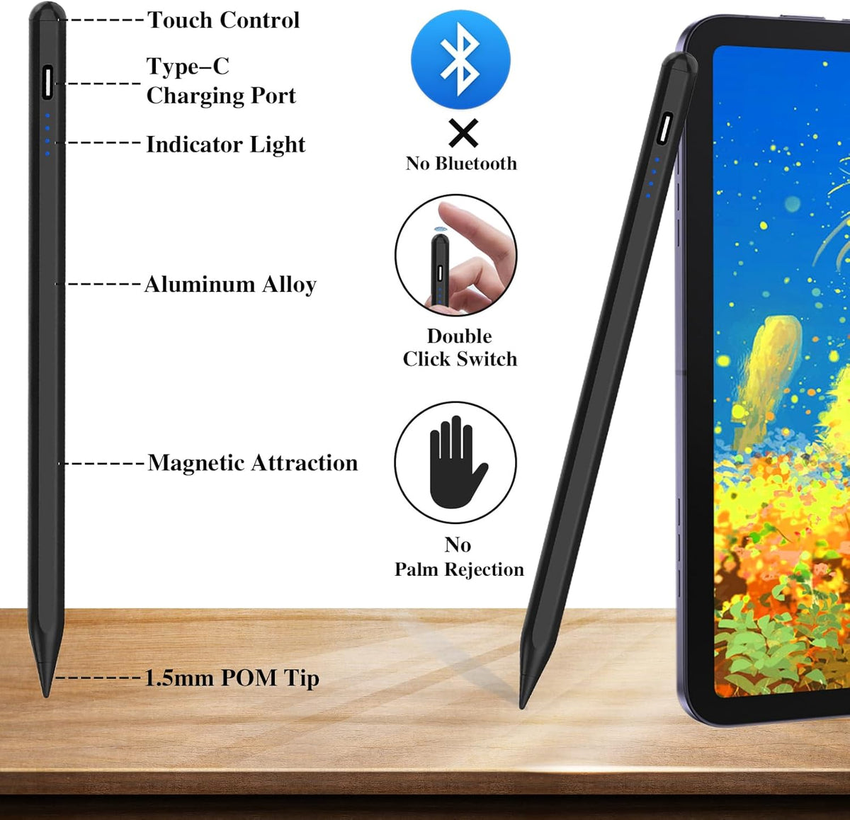 Active Stylus Pens for Touch Screens Rechargeable Tablet Pen POM Tip Magnetic iPad Pencil Stylus Pen for iPad/Pro/Air/Mini/iPhone and Other Smartphone Device-Black