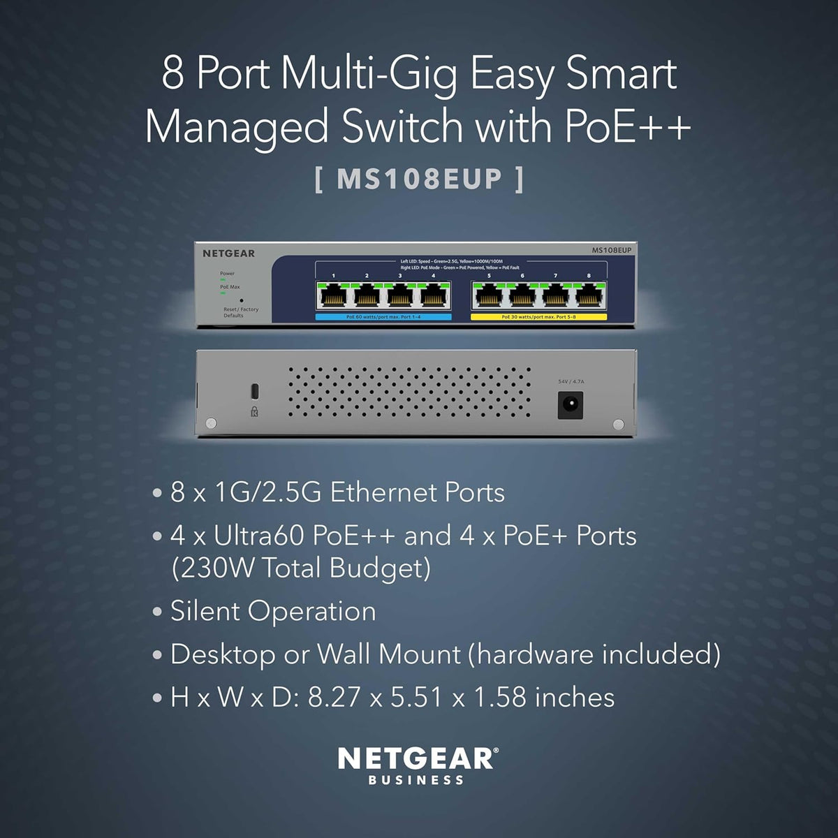 NETGEAR 8-Port Ultra60 PoE Multi-Gigabit Ethernet Easy Smart Managed Switch (MS108EUP) - Managed, with 4 x PoE++ and 4 x PoE+ @ 230W, Desktop or Wall Mount, and Limited Lifetime Protection