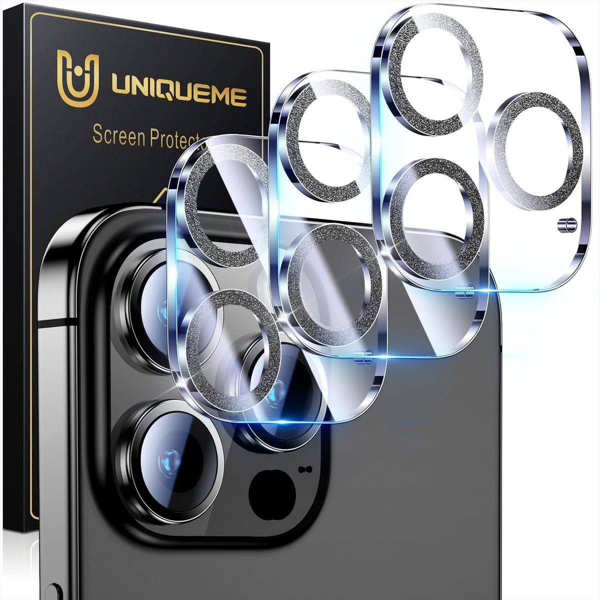 UniqueMe for 3 Pack iPhone 15 Pro/iPhone 15 Pro Max Camera Lens Protector, [Drop Protection] [Case Friendly] 9H Tempered Glass Camera Cover Screen [Update New Version] - Glitter Black