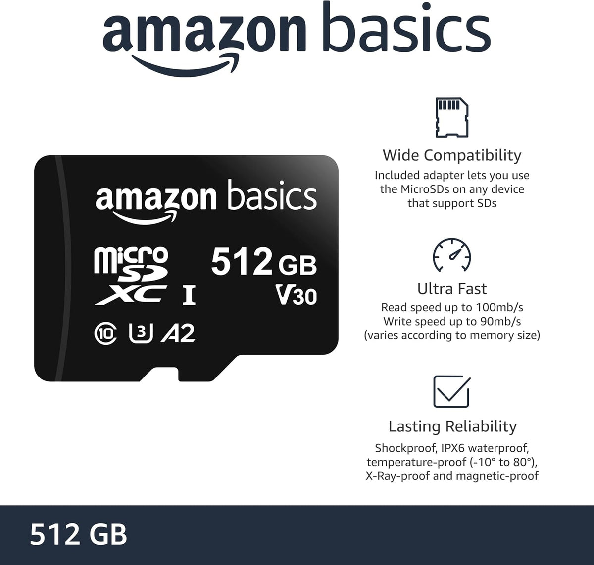 Amazon Basics Micro SDXC Memory Card with Full Size Adapter, A2, U3, Read Speed up to 100 MB/s, 512 GB, Black