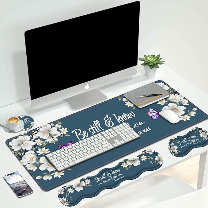 4 in 1 Ergonomic Keyboard Wrist Rest &amp Mouse Pad Wrist Rest SetLarge XXL Gaming Desk Mat 31.5x 11.8 with Non-Slip BaseMemory Foam for Home Office Study GamingFloral Quote Bible Verse Psalm 46