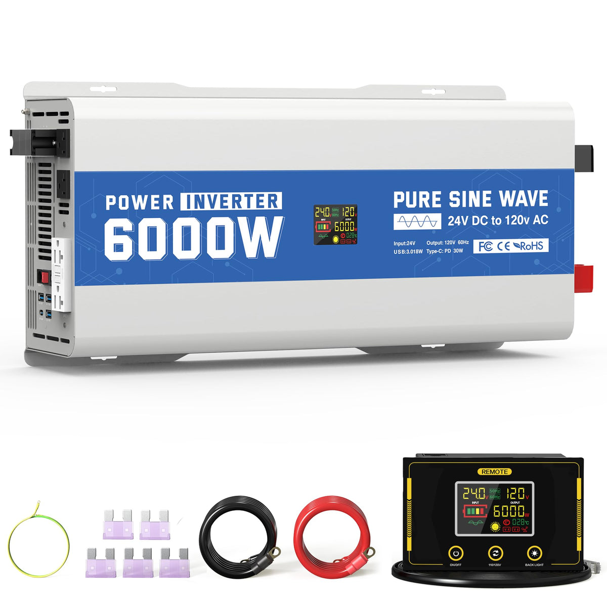 ASMONTRIC 6000 Watt Pure Sine Wave Inverter, 24V DC to 120V AC Power Inverter with LCD Display, GFCI Outlet, USB Port, 4 AC Outl