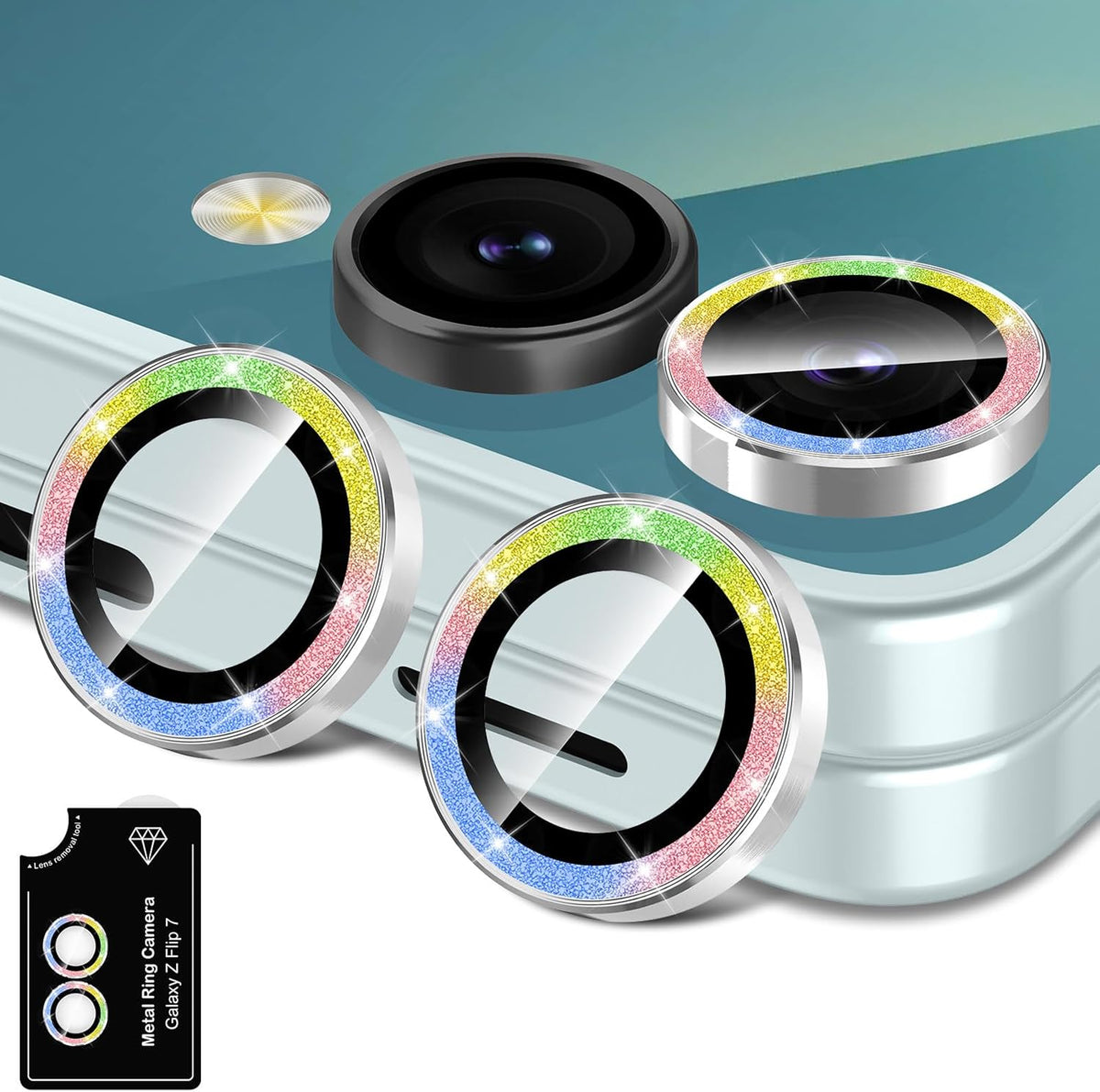 for Samsung Galaxy Z Flip 7 Camera Lens Protector, Individual Metal Ring Tempered Glass Lens Cover, [Strong Adsorption] Scratch Resistant Ultra-Thin HD Clear Lens Cover, 1 Set-Colorful Sparkly