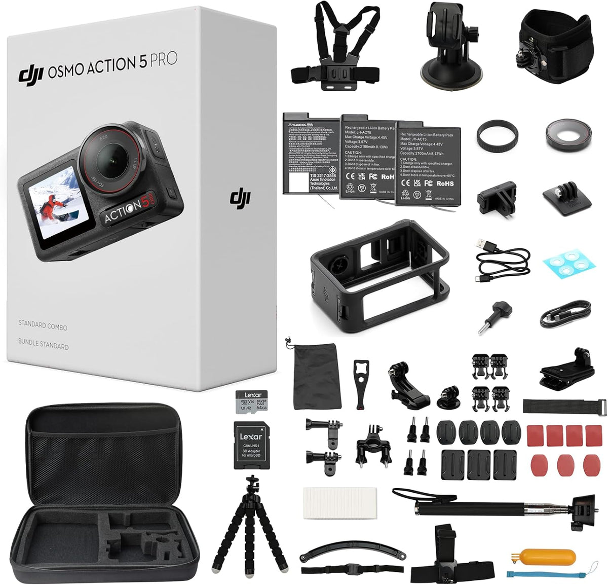 DJI Osmo Action 5 Pro Standard Combo,with 58 Piece Accessory Kit and 2 Extra Batteries + 64GB Card - Waterproof Action Camera with 1/1.3" Sensor, 4K/120fps Video, Action Camera 4K Ideal for Sports