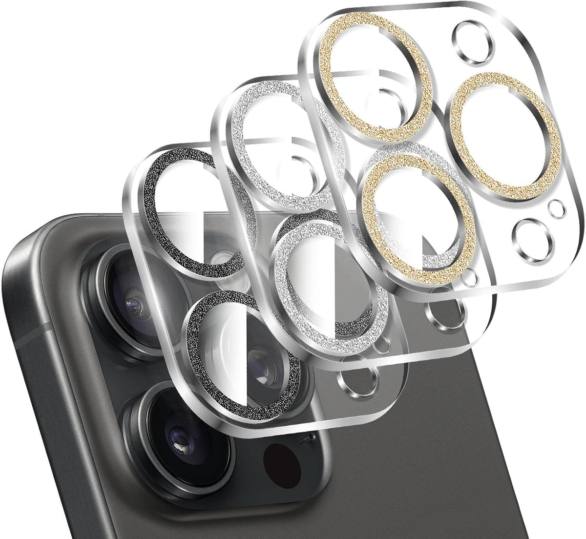 LucBuy 3PCS Sparkling Camera Lens Protector for iPhone 11 Pro/iPhone 11 Pro Max, Full Clear Acrylic Cover with Shiny Colorful Glitter Designed Decoration Back Camera Protector
