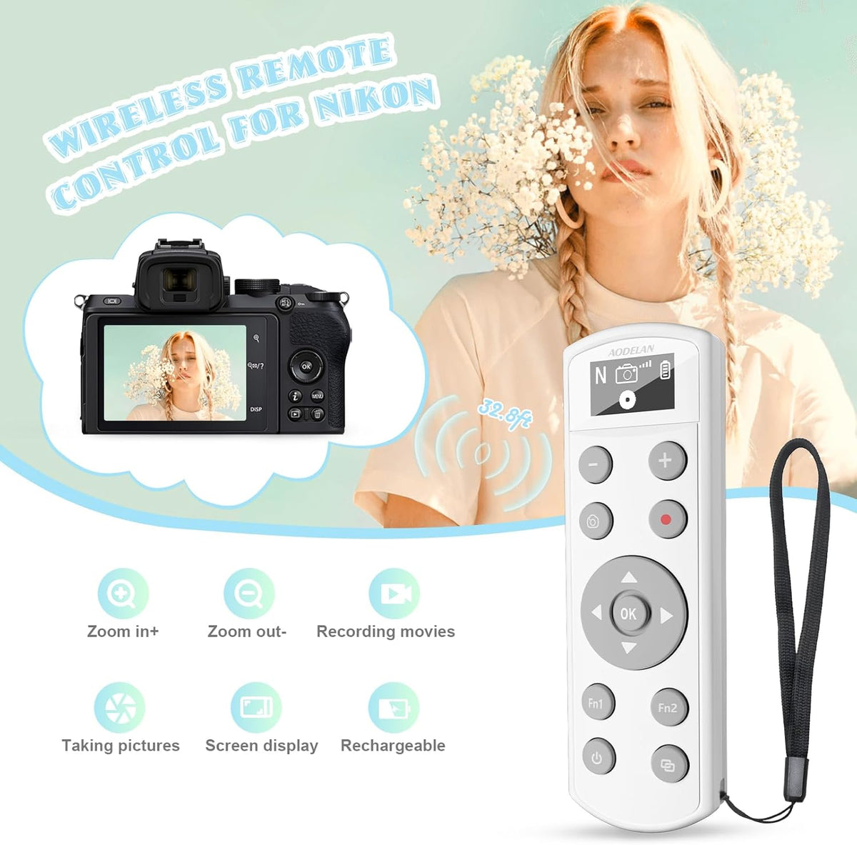 Remote Control for Nikon Camera,USB-C Rechargeable Wireless Shutter Release with OLED Screen – Video, Zoom & Focus Control for Nikon A1000, B600, P1000, P950, Z6III, Z30, Z50II, Zfc, Z5 (White)