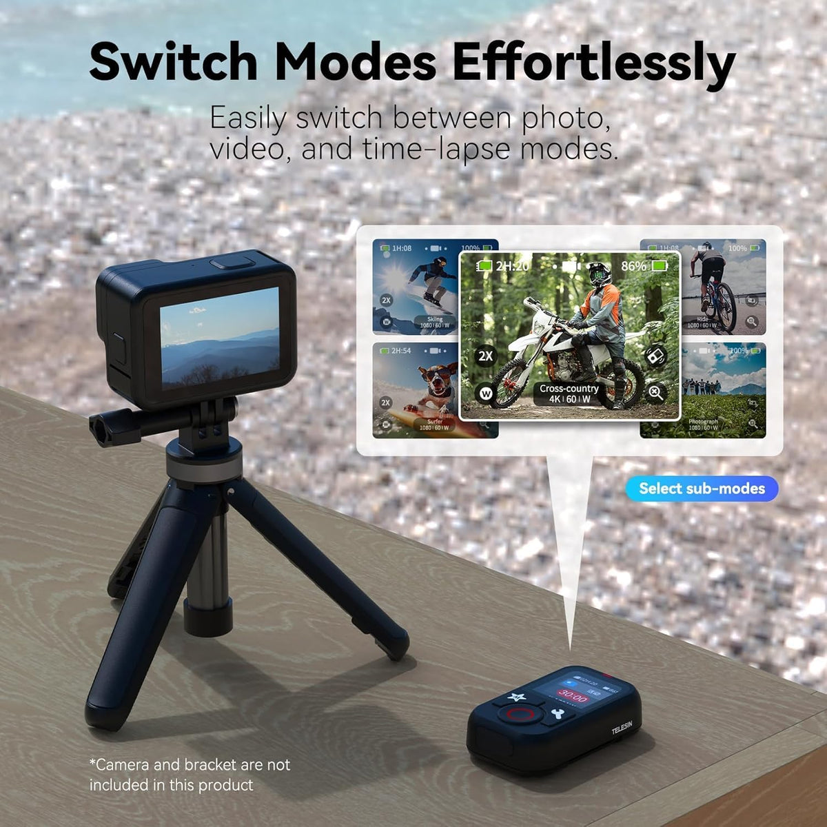 TELESIN T13 Waterproof Smart Remote Control with Color LCD Screen, 5-60m Wireless Remote with Wrist Strap, Compatible with GoPro Hero 13/12/11/10/9/8 Action Cameras
