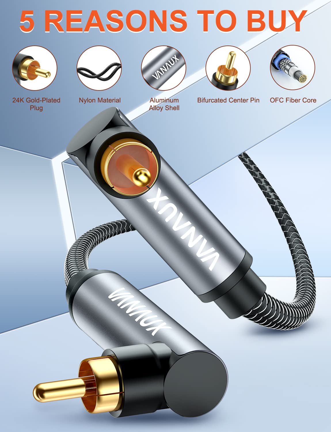 90 Bar,PS4 90, 26ft/8m) VANAUX Degree RCA Cable,Right Angle Subwoofer Cable,Digital Coaxial Audio Cord,Nylon