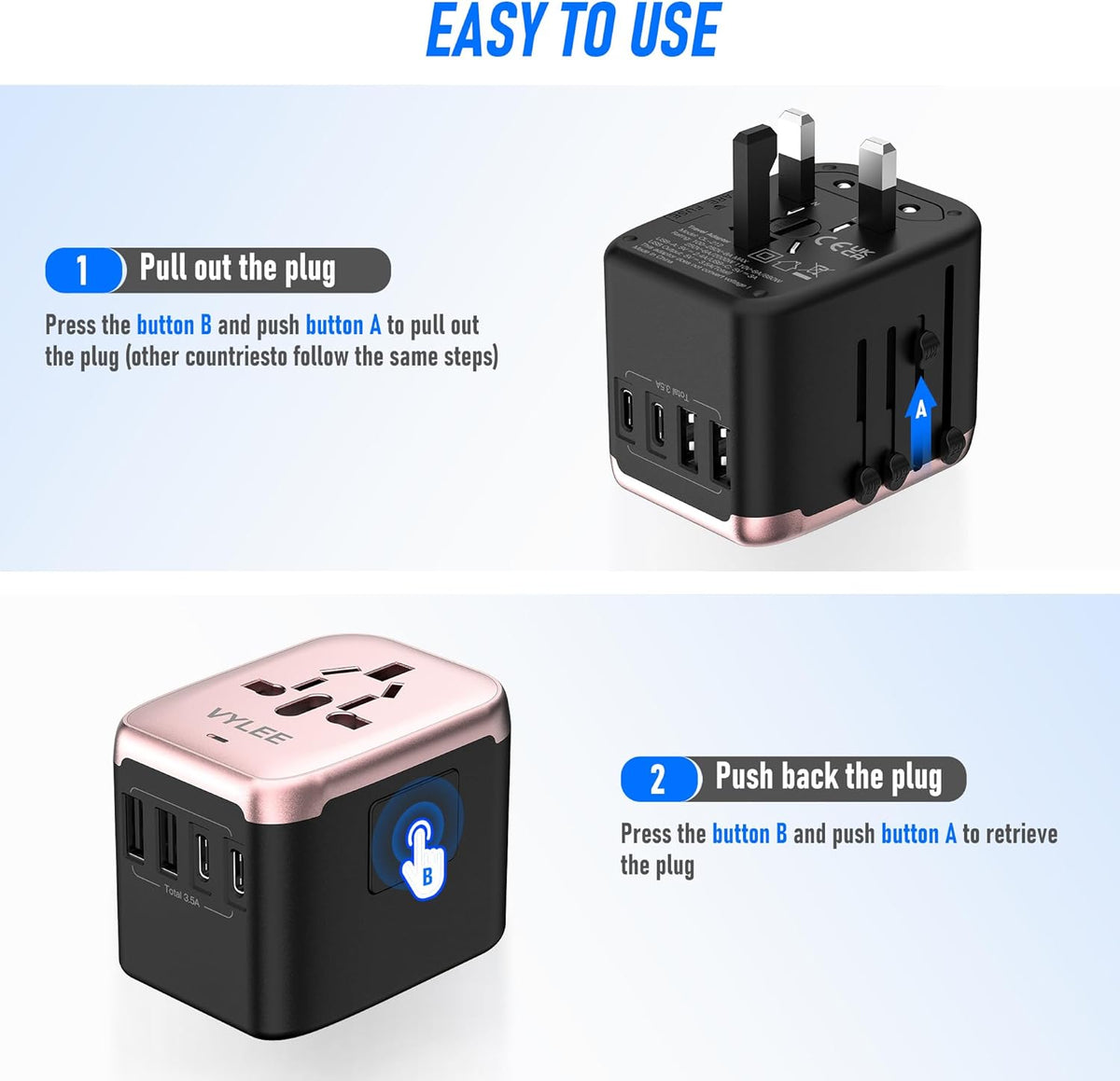 Universal International Power Travel Plug Adapter, 5 in 1 European Travel Plug Adapter W/ 3.5A 2xUSB-A and 2xUSB C Wall Charger and Worldwide AC Outlet for Europe USA UK AUS(Rose Gold)