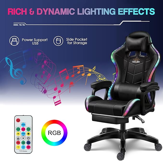 Gaming Chair for Adults with Speakers Massage Computer Office Chair RGB Gamer Chair with Footrest and Lumbar Support Music Video Game Chair High Back PU Leather Ergonomic Desk PC ChairPink
