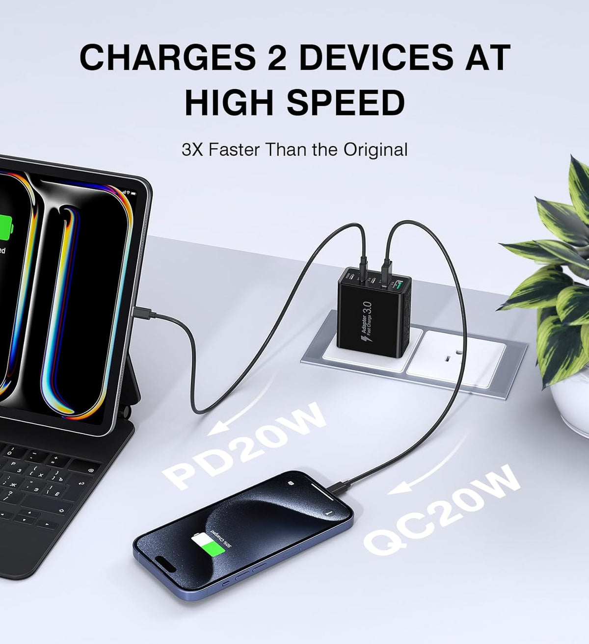 [2-Pack] USB C Wall Charger, 50W Type C Charger Block 5-Port Fast Charging Blocks,3USB C+2USB A Multiport Plug,PD Power Adapter Brick Cube for iPhone 16/15/14/13/12/Pro,iPad,Samsung,for Switch（Black）
