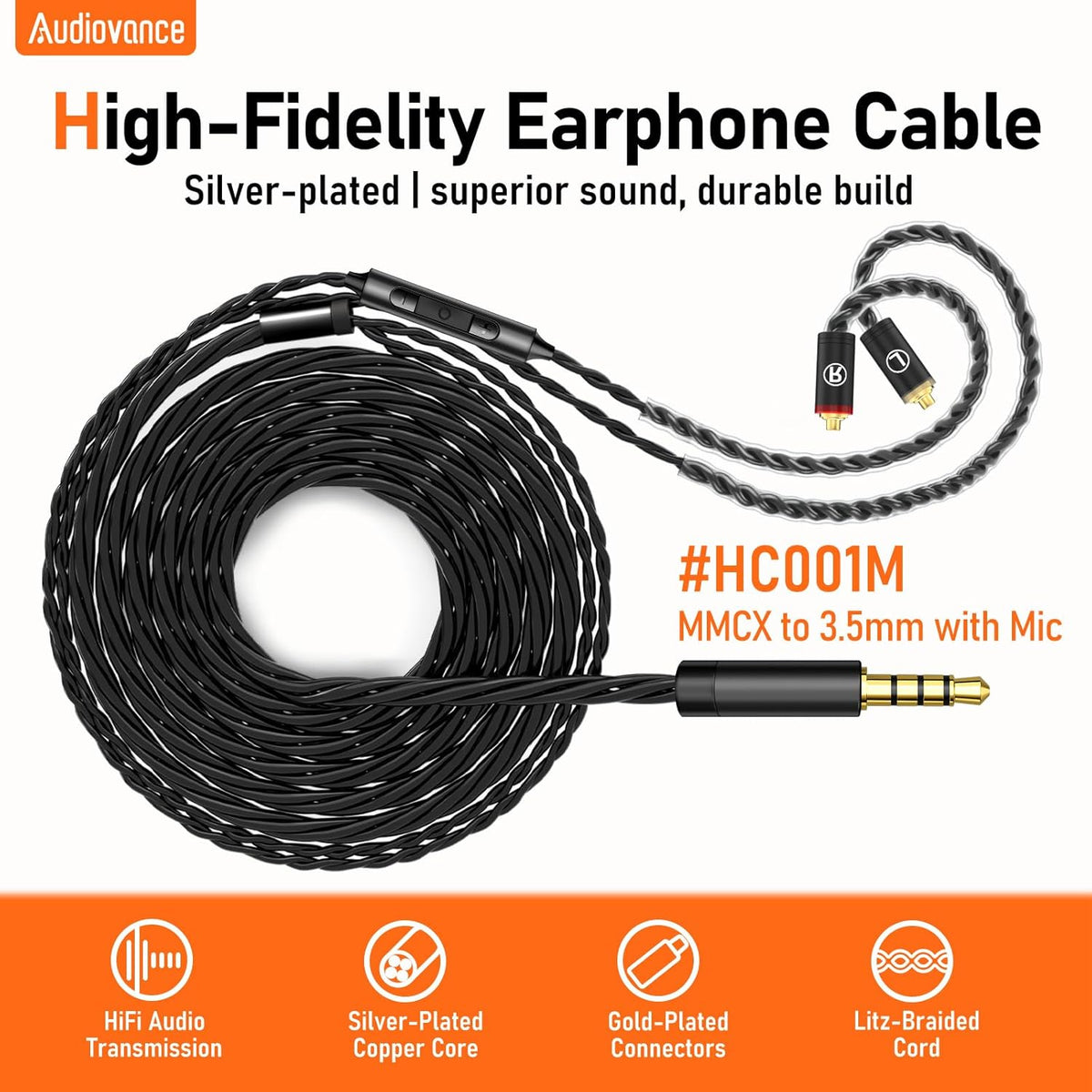Premium HiFi IEM Cable with Mic – Silver-Plated 3.5mm to MMCX Cord - Lossless Sound for Shure SE215/315/425/535/846 & Vibes 201/202 - Tangle-Free in-Ear Monitor Cables - Black (HC001M)