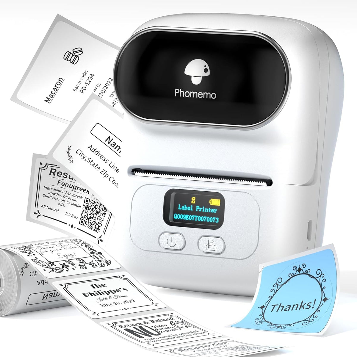 Phomemo M110 Label Makers - Portable Bluetooth Thermal Label Maker Machine,Label Printer for Barcode, Clothing, Jewelry, Retail, Mailing, for Android & iOS, with 1Pack 40×30mm Label, White