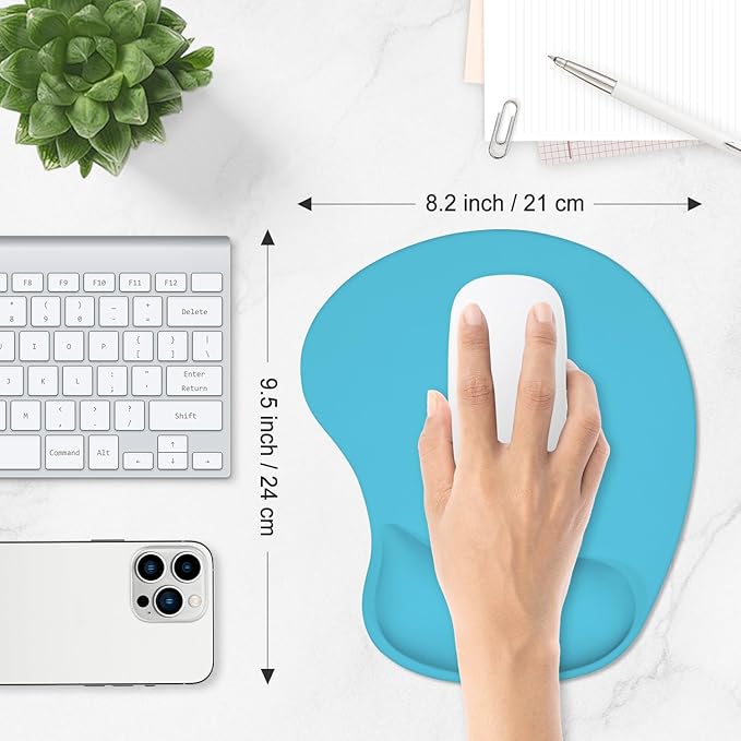 ITNRSIIET Ergonomic Mouse Pad, Cushioned Gel Wrist Rest, Non-Slip Base, Smooth Surface, Compatible with All Mice for Office & Gaming, Desk Accessory, 9.5 x 8.2 inch, Powder Blue