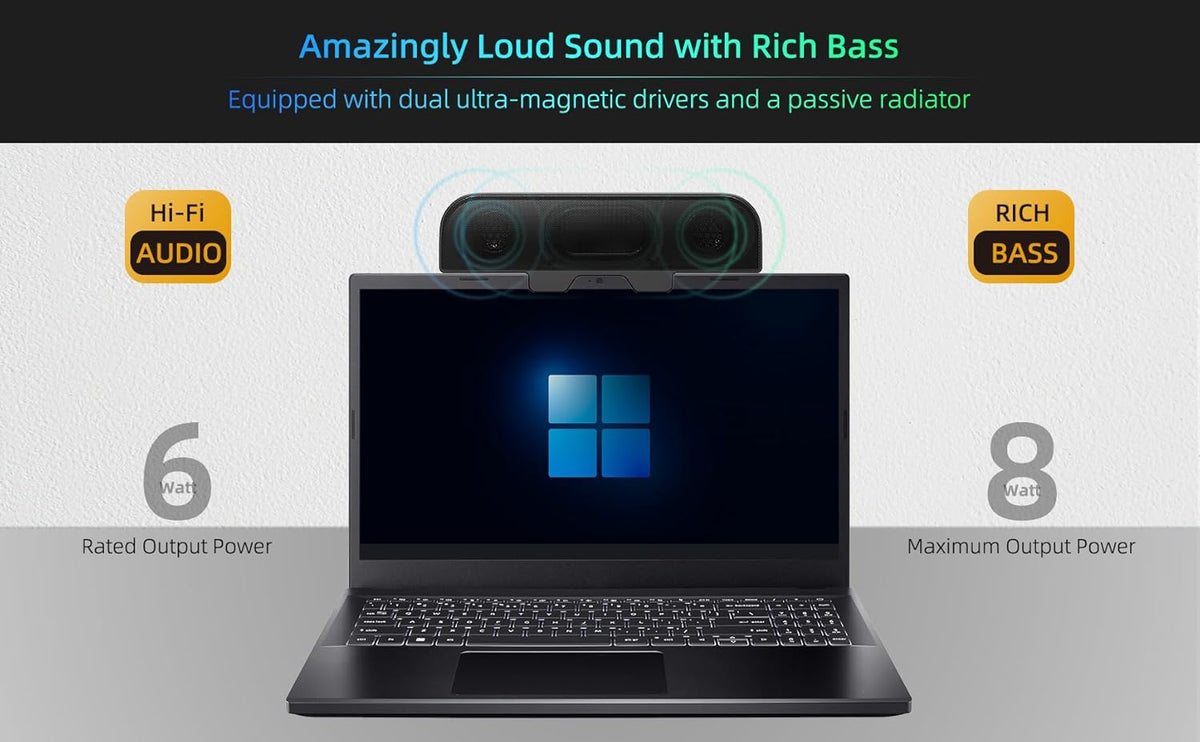Computer Speakers for Desktop PC, Monitor Speakers, USB Plug-in, Wired, External Speaker for Laptop, Small Computer Soundbar for PC, with Loud Sound, Deep Bass, USB-C Adapter, Easily Clamp to Monitor
