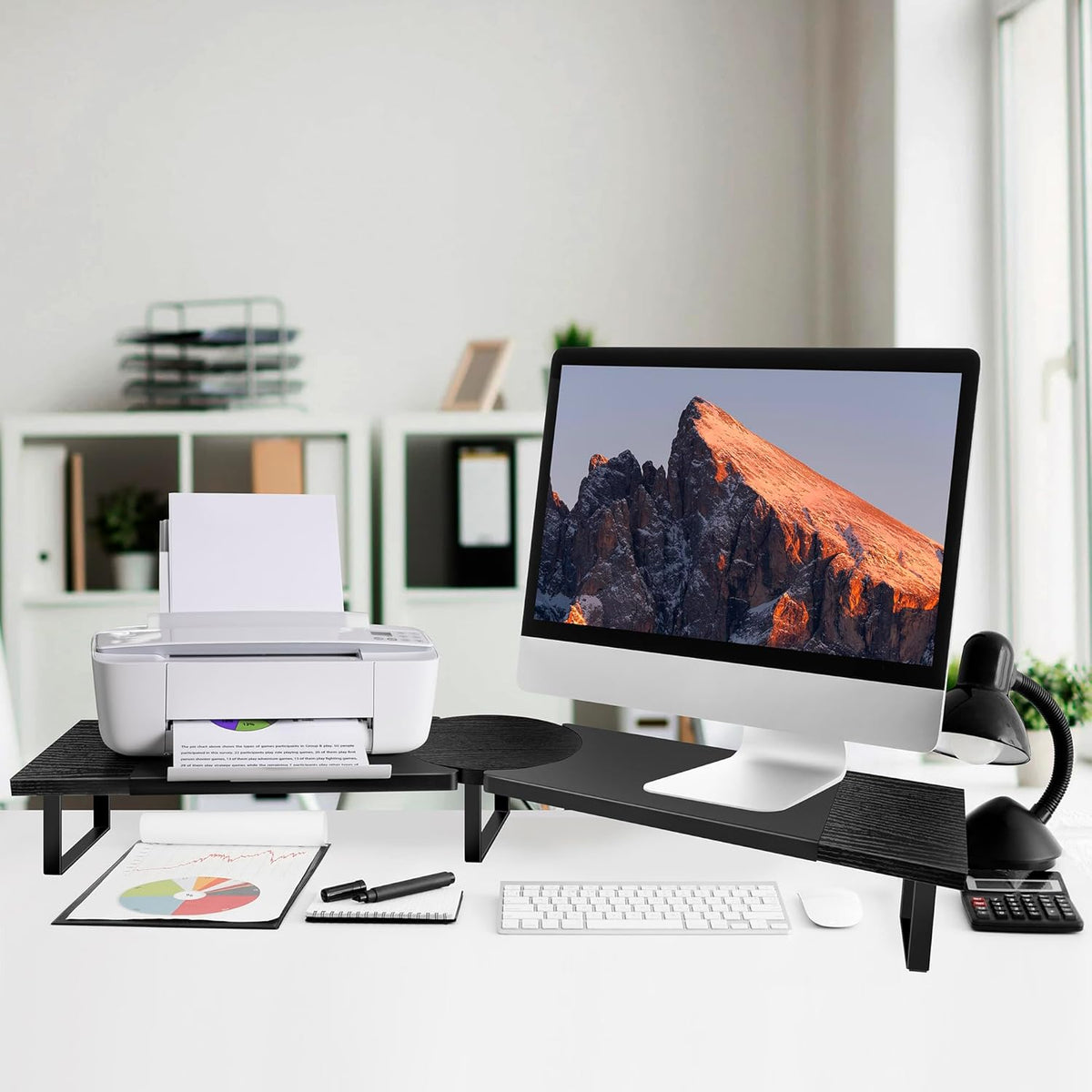 Dual-Monitor Stand for Desk - Large Adjustable Length and Angle Riser for 2 Monitors, Double Computer Desktop Organizer, Shelf for TV, Laptop, Printer