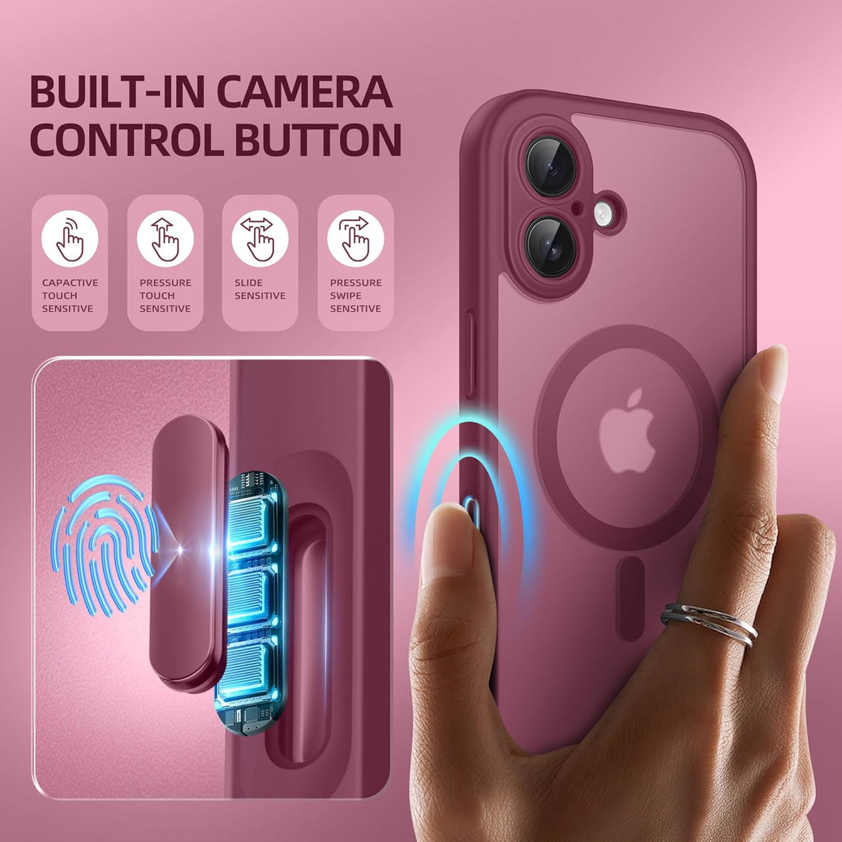 BERFY Magnetic for iPhone 16 Case, Compatible with MagSafe, Built-in Privacy Screen Protector and Upgraded Camera Protection, Anti-Spy Full Body Shockproof Phone Case for 16 6.1", Dark Red