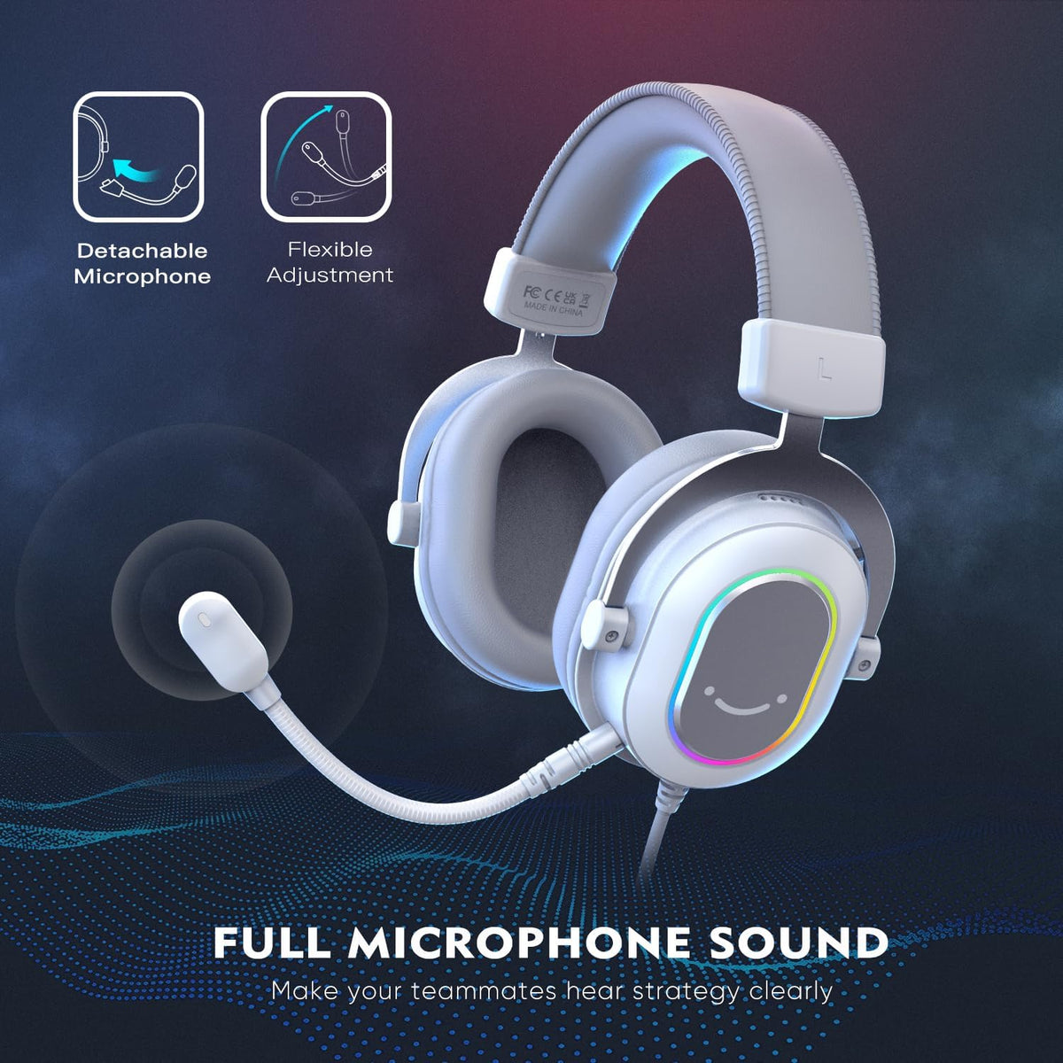 FIFINE USB Gaming Headset, PC Headphones Wired with Microphone for Computer/Laptop, Over-Ear RGB Headset with 7.1 Surround Sound, Noise Cancellation for Streaming Video Game- AmpliGame H6 (White)
