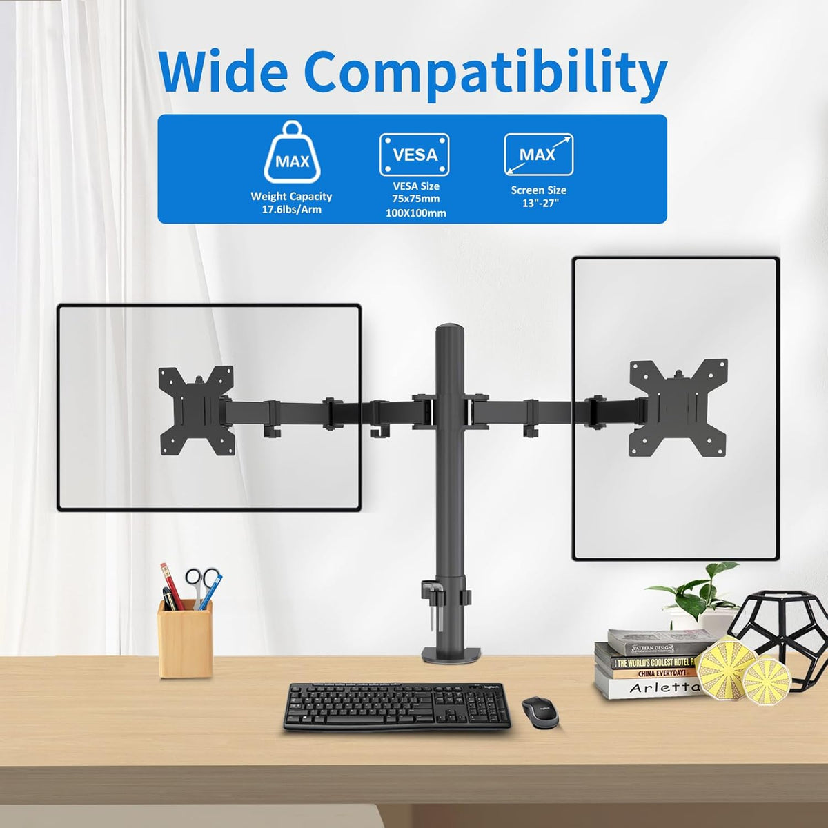 H&C(hcck&Cllassp) 17-27 17.6lbs, Dual Monitor Mount, Monitor Arm with Swivel, Tilt, Rotation, Height Adjustable, VESA