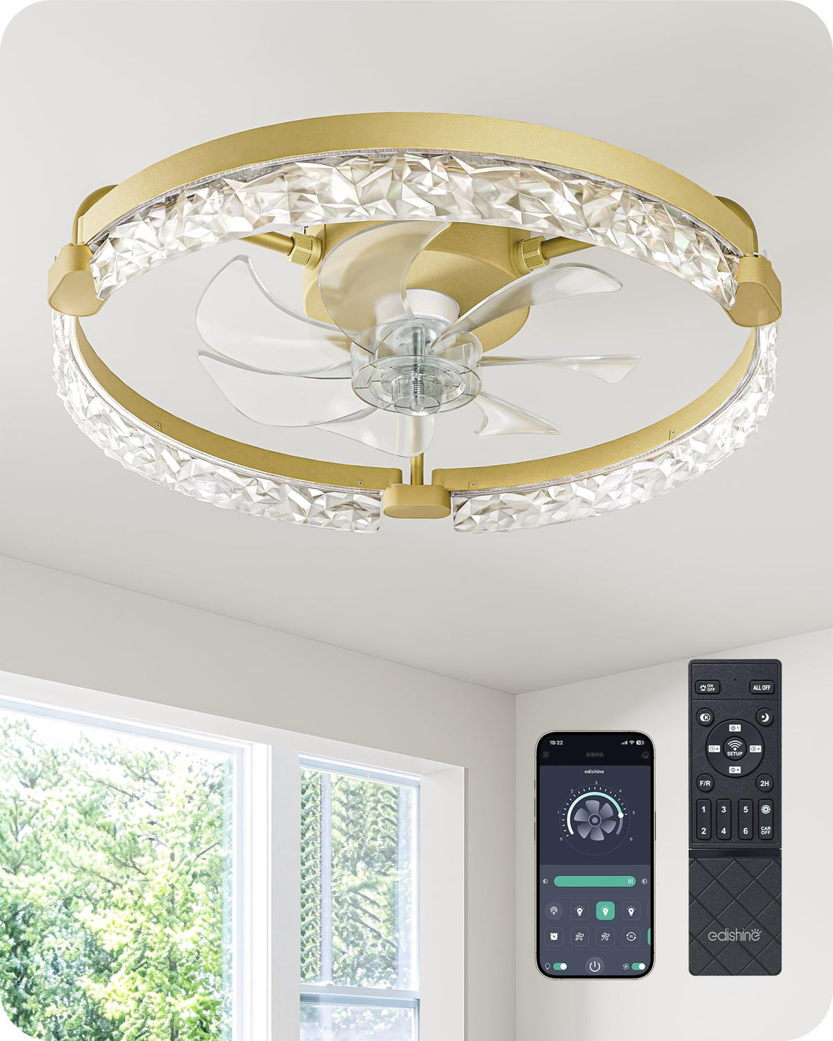 EDISHINE Ceiling Fans with Lights, 20 Low Profile Flush Mount Fandelier, 3000-6000K Dimmable, 6 Speeds, App & Remote Control,