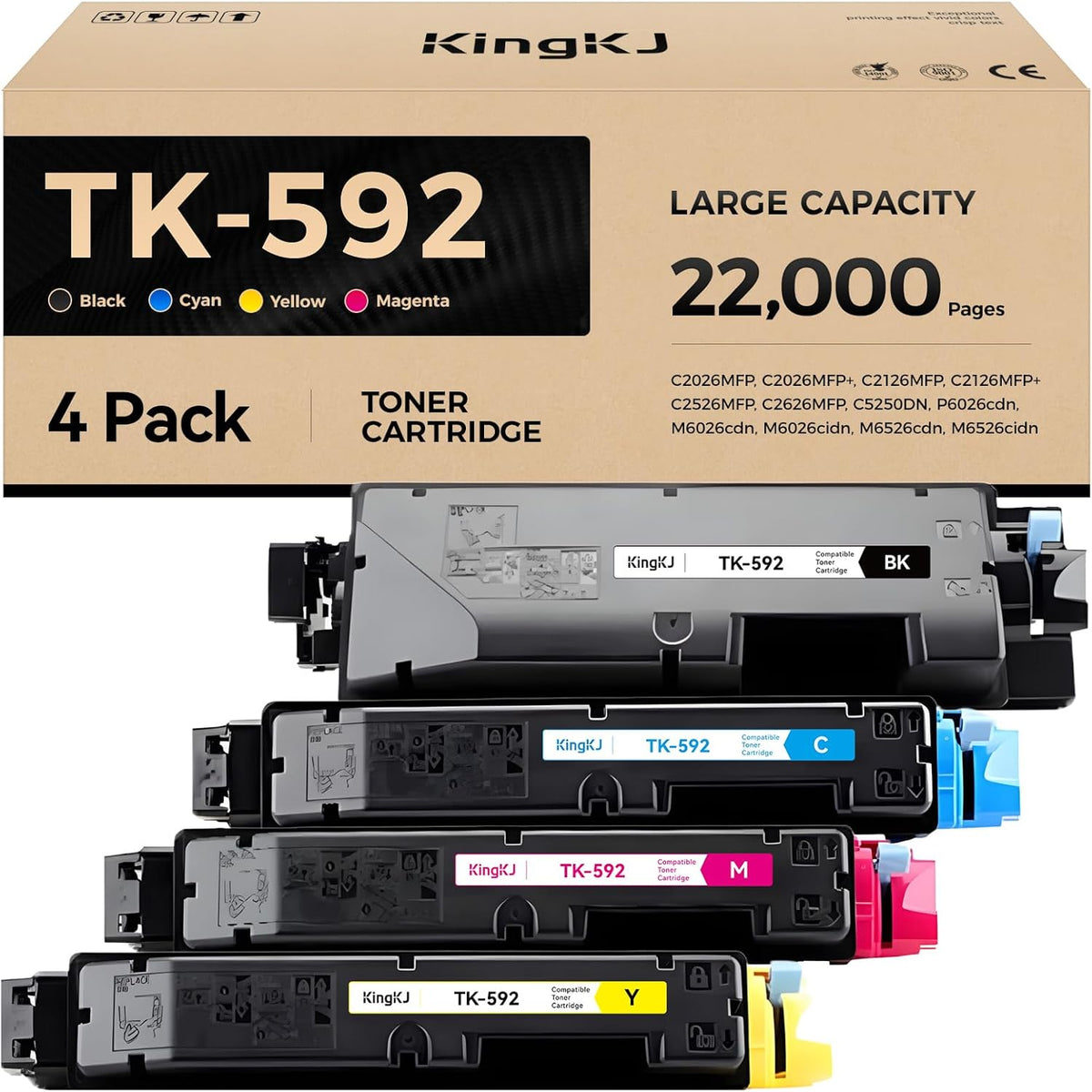 TK-592 TK592 Toner Cartridge Set 4-Pack Replacement Compatible with Kyocera ECOSYS P6026cdn M6026cdn M6026cidn M6526cdn M6526cidn FS-C2026MFP C2026 C2126MFP C2126MFP+ C2526MFP C2626MFP C5250DN Printer