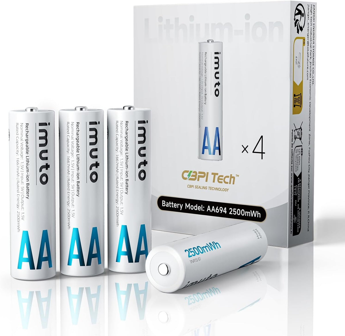 imuto 2500mWh 4 Pack, 1.5V 2A 1600+ Rechargeable aa Batteries, aa Lithium Batteries Output Double a Battery, Cycle Life