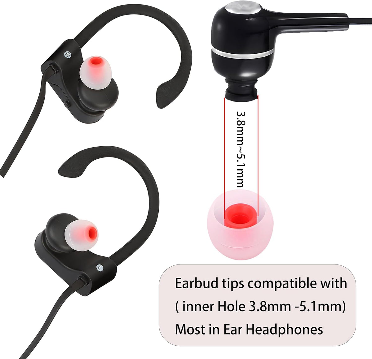 Silicone Earbud Tips - Fit Most In-Ear Earbuds (Inner Hole 3.8mm -5.1mm) - 9 Pairs S M L