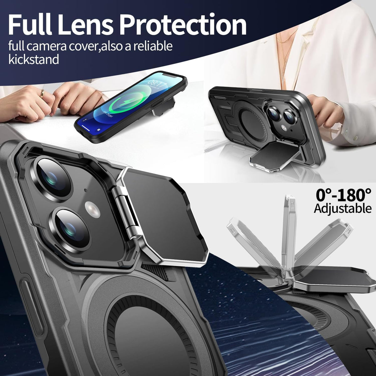 Camera Stand Case for iPhone 12/12 Pro, [Compatible with MagSafe] [Lens Cover] 2024 Version Military Grade Protective Soft Case for iPhone 12/12 Pro 6.1 inch Men Women, Black